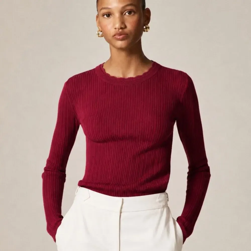 J. Crew Layered Pointelle Sweater Tee in Merino Wool Burgundy Red CN691 Size XL